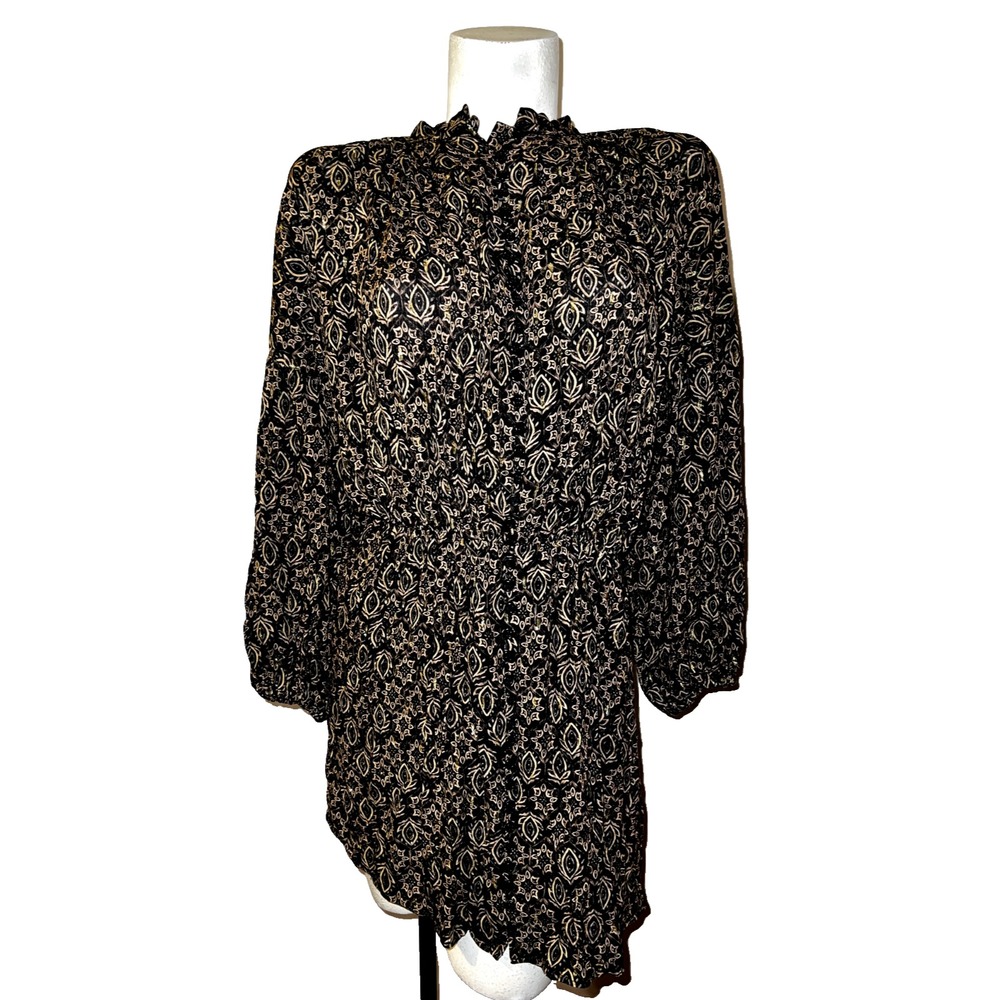 Womens Black Gold Metallic Paisley Print Ruffle Neck Button Front Mini Dress S